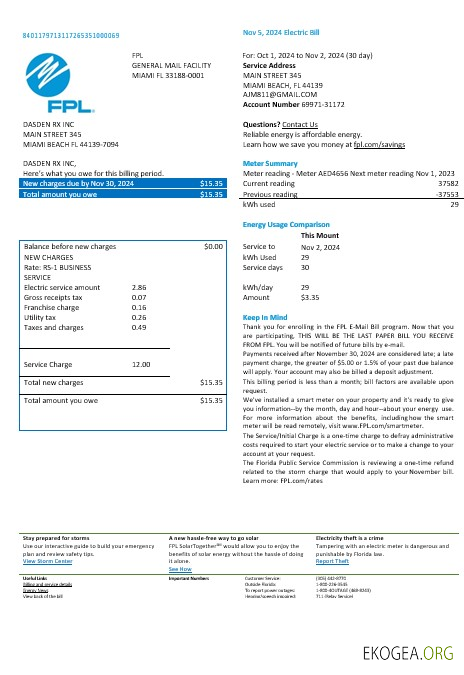 États Unis Floride FPL facture de services publics pour les entreprises d'électricité Formats Word et PDF, version 2